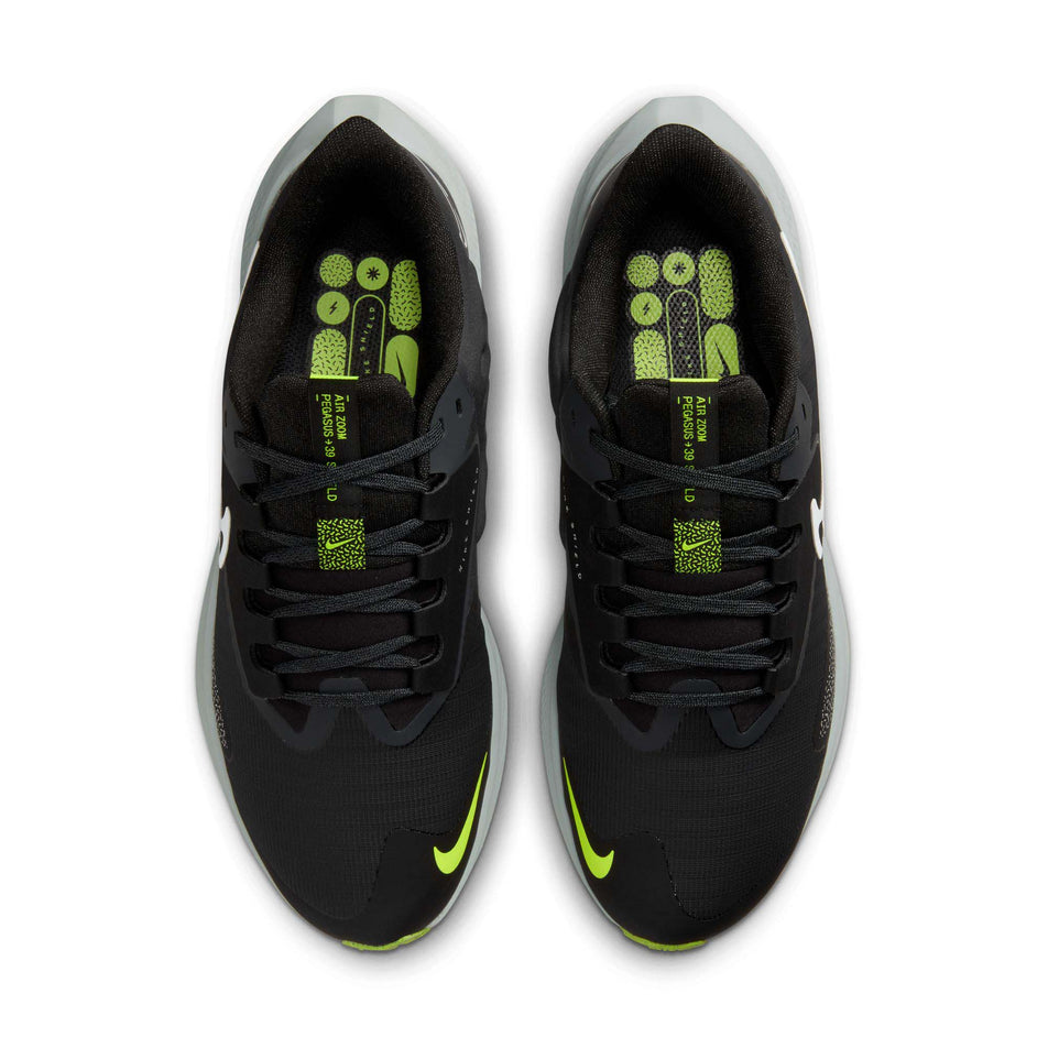 The uppers on a pair of Nike Women's Pegasus 39 Shield Weatherized Road Running Shoes. Black/White-Dk Smoke Grey-Volt colourway. (8073034006690)
