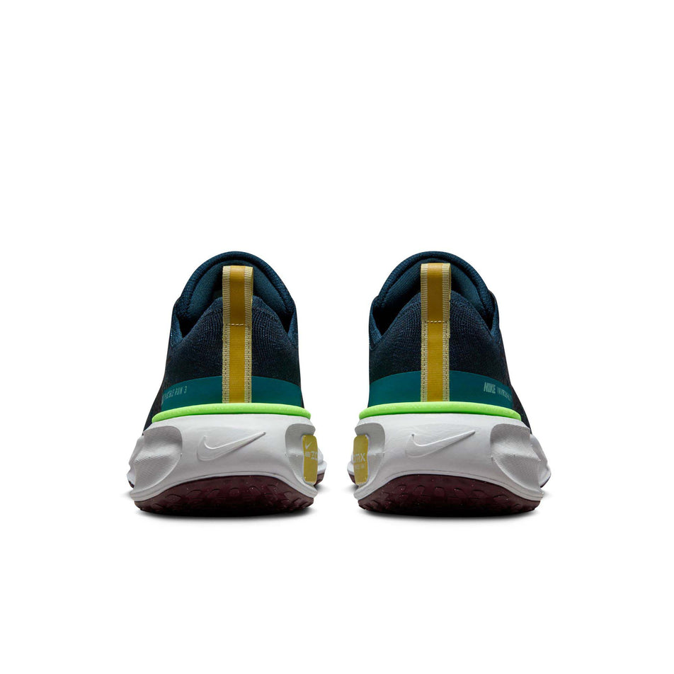 The back of a pair of Nike Men's Invincible 3 Road Running Shoes in the Armory Navy/Black-Geode Teal-Buff Gold (8073000386722)
