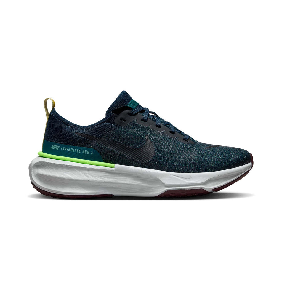 Lateral side of the right shoe from a pair of Nike Men's Invincible 3 Road Running Shoes in the Armory Navy/Black-Geode Teal-Buff Gold (8073000386722)