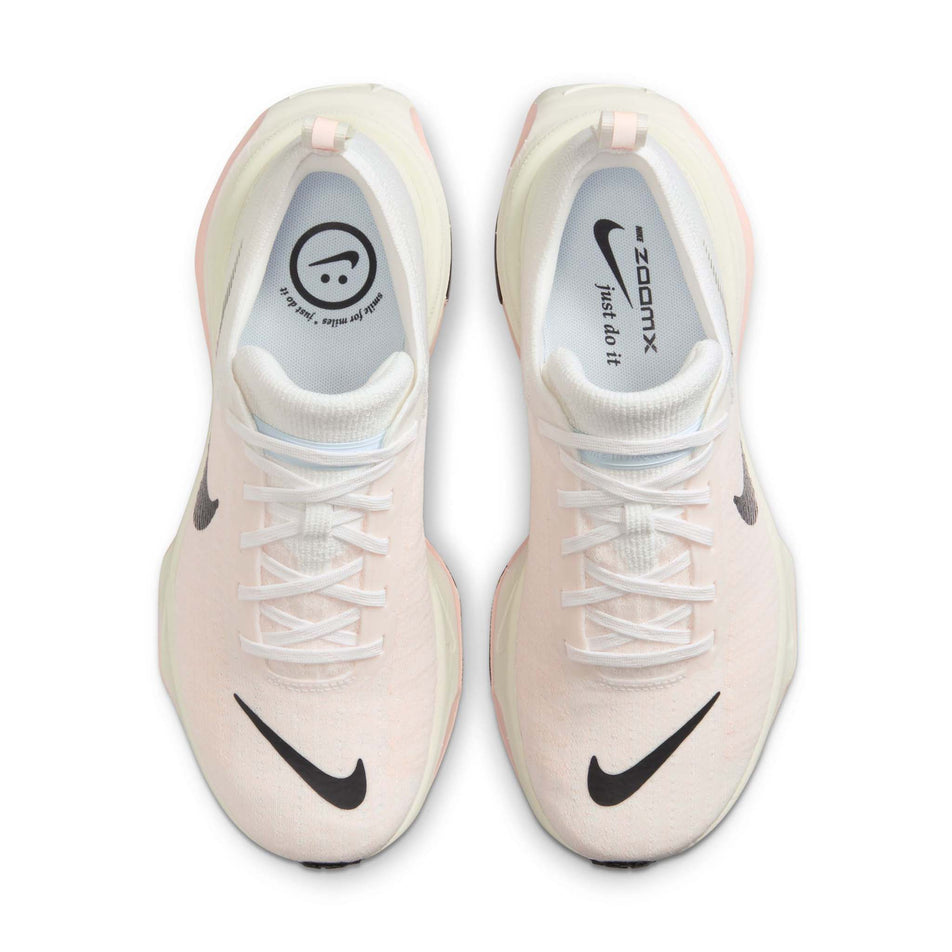 The uppers on a pair of Nike Women's Invincible 3 Road Running Shoes in the White/Black-Atmosphere-Blue Tint colourway. (8615483375778)