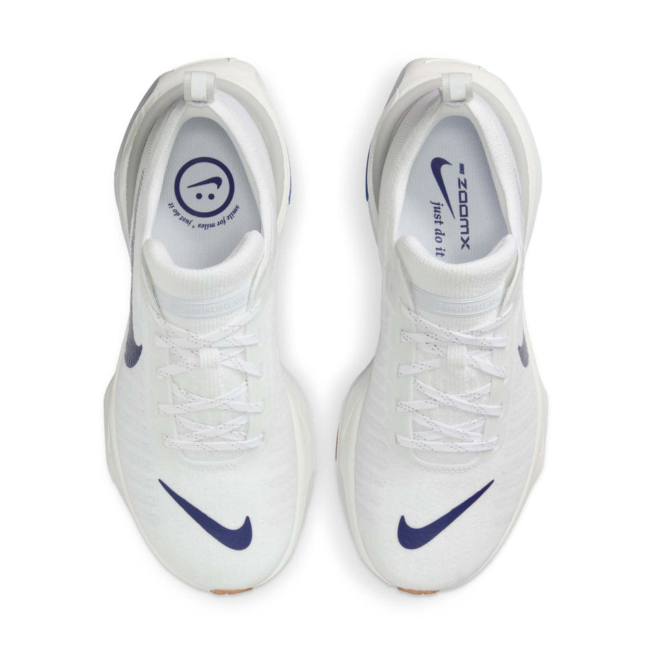 The uppers on a pair of Nike Women's Invincible 3 Road Running Shoes White/Blue Void-Blue Tint-Sail colourway. (8615531151522)