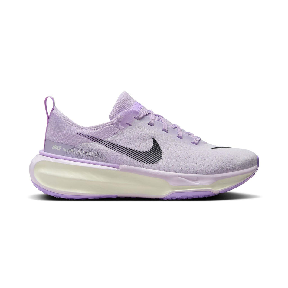 Lateral side of the right shoe from a pair of Nike Women's Invincible 3 Road Running Shoes in the Barely Grape/Black-Lilac Bloom-Sail colourway (8215809720482)
