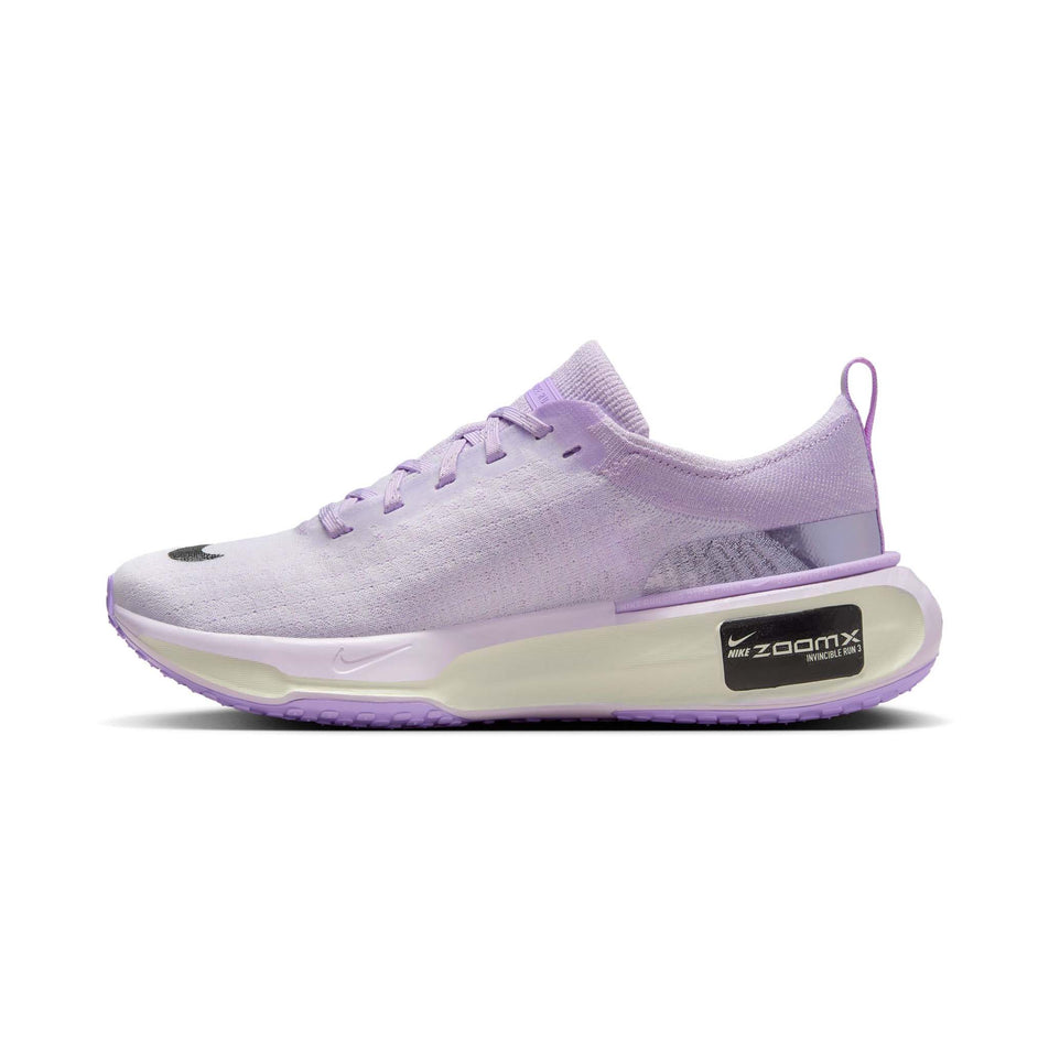 Medial side of the right shoe from a pair of Nike Women's Invincible 3 Road Running Shoes in the Barely Grape/Black-Lilac Bloom-Sail colourway (8215809720482)