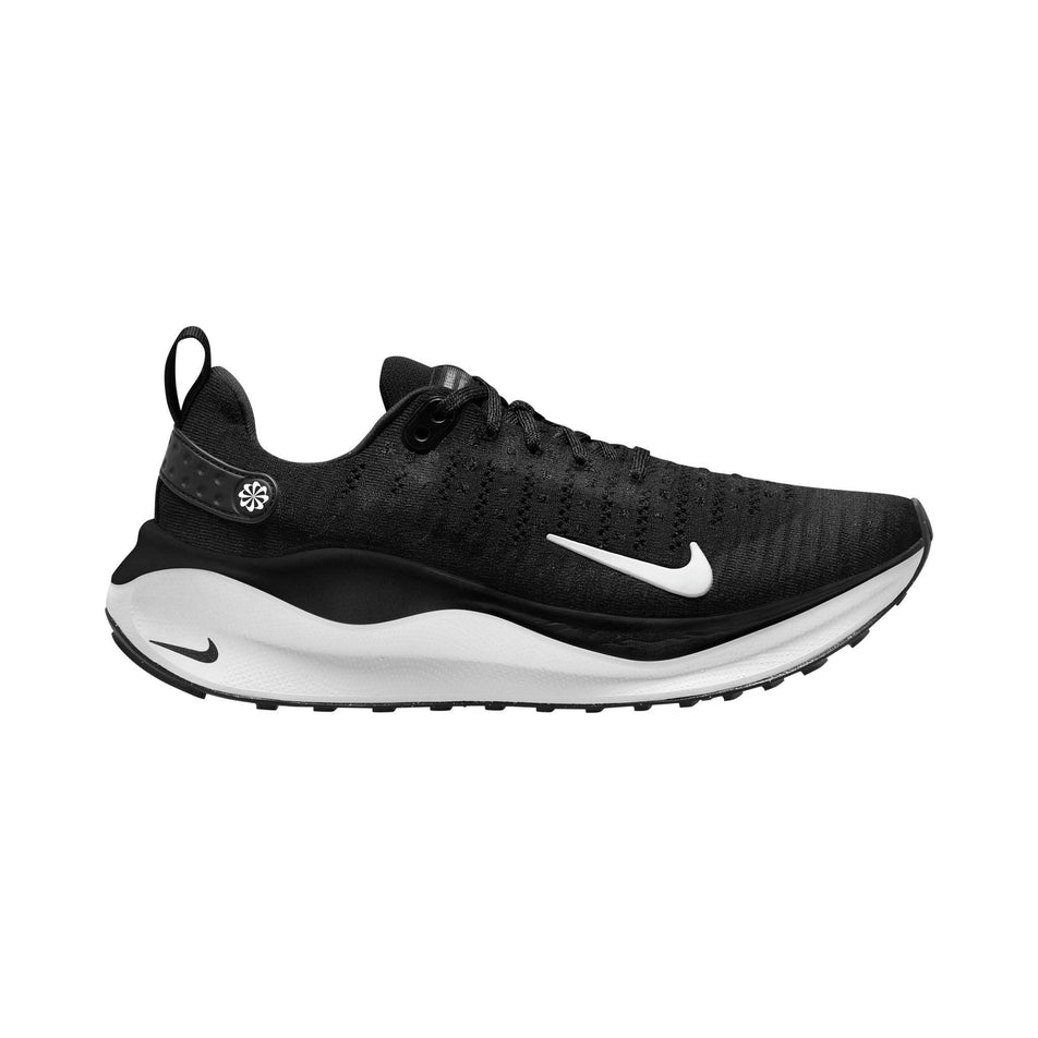Lateral side of the right shoe from a pair of Nike Women's Infinity RN 4 Road Running Shoes in the Black/White-Dark Grey colourway (7979380277410)