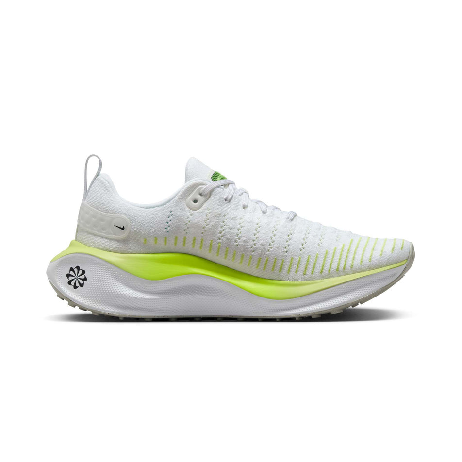 Medial side of the left shoe from a pair of Nike Women's Infinity RN 4 Road Running Shoes in the White/Black-LT Lemon Twist-Volt colurway (7979397054626)