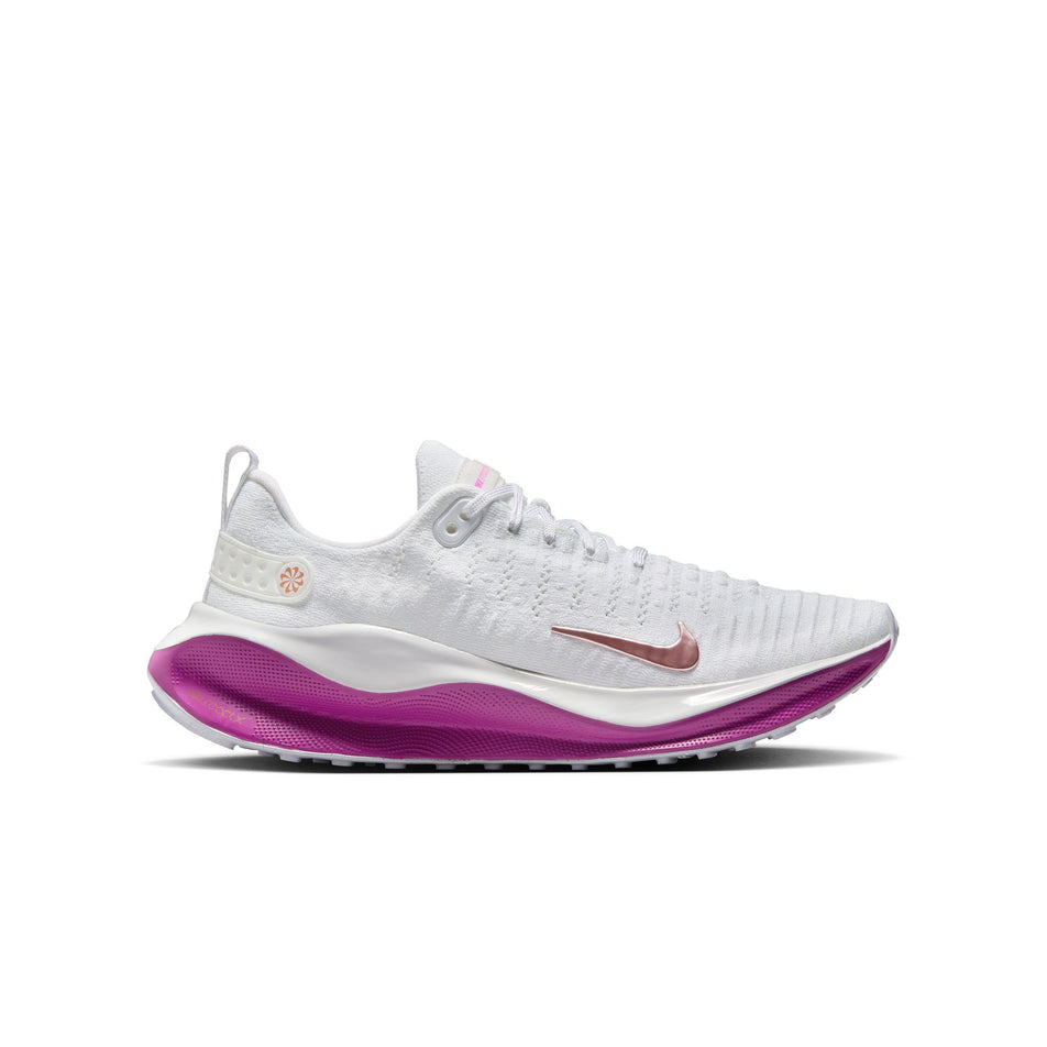 Lateral side of the right shoe from a pair of Nike Women's InfinityRN 4 Road Running Shoes in the White/Mtlc Red Bronze-Hot Fuchsia colourway. (8503733452962)