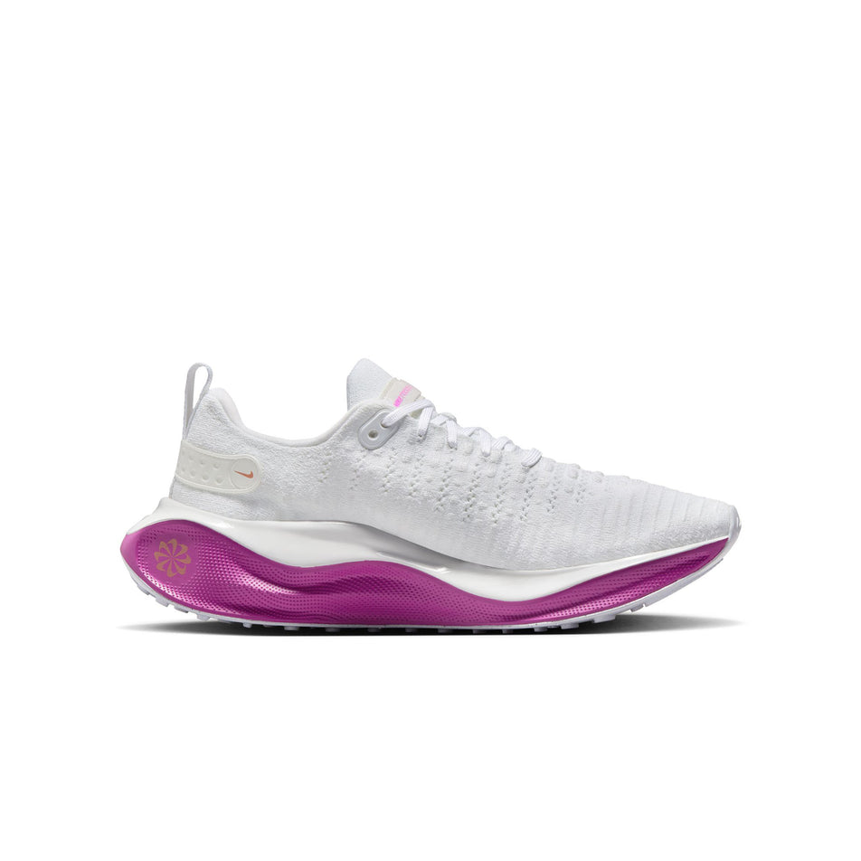 Medial side of the left shoe from a pair of Nike Women's InfinityRN 4 Road Running Shoes in the White/Mtlc Red Bronze-Hot Fuchsia colourway. (8503733452962)