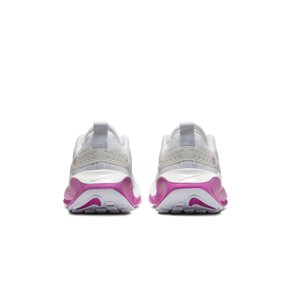 The back of a pair of Nike Women's InfinityRN 4 Road Running Shoes in the White/Mtlc Red Bronze-Hot Fuchsia colourway. (8503733452962)