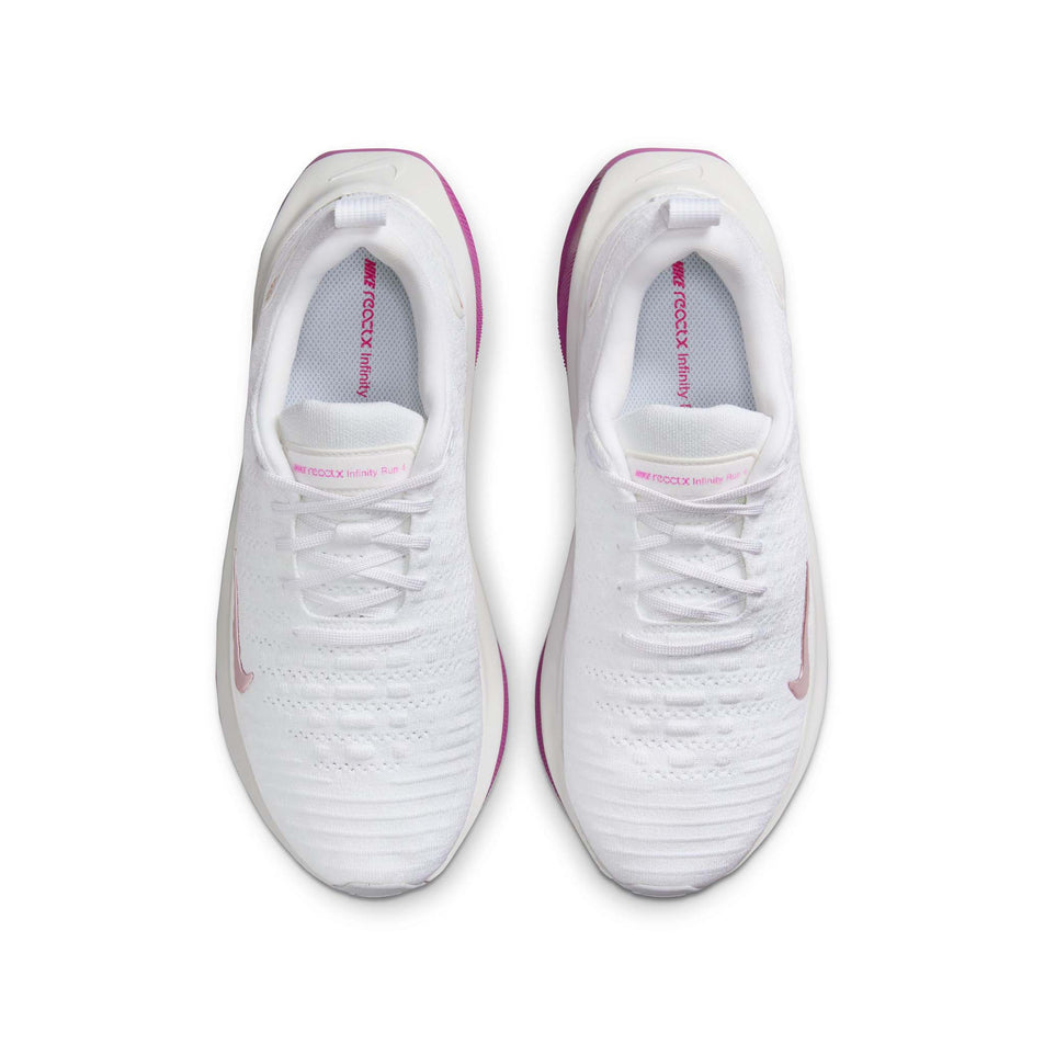 The uppers on a pair of Nike Women's InfinityRN 4 Road Running Shoes in the White/Mtlc Red Bronze-Hot Fuchsia colourway. (8503733452962)