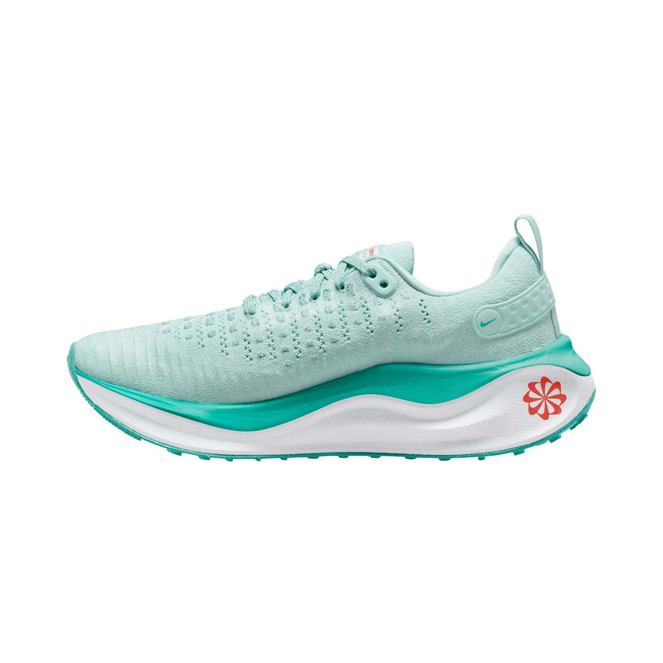 Medial side of the right shoe from a pair of Nike Women's Infinity RN 4 Road Running Shoes in the Jade Ice/Picante Red-White-Clear Jade colourway (7995919925410)