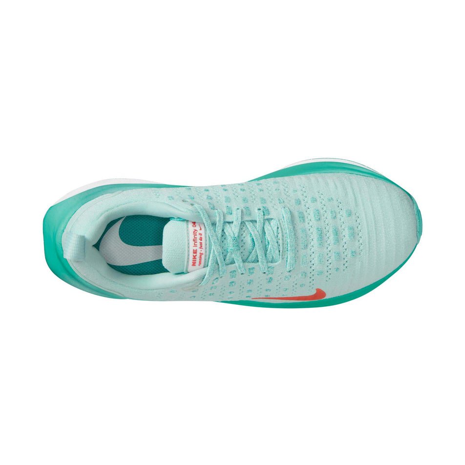 Upper of the right shoe from a pair of Nike Women's Infinity RN 4 Road Running Shoes in the Jade Ice/Picante Red-White-Clear Jade colourway (7995919925410)