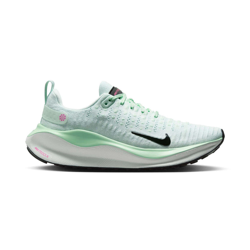 Lateral side of the right shoe from a pair of Nike Women's Infinity RN 4 Road Running Shoes in the Barely Green/Black-Vapor Green colourway (8215815946402)