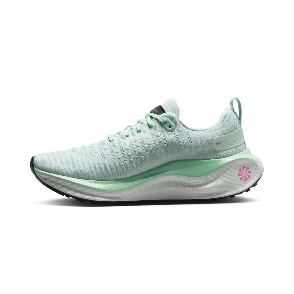 Medial side of the right shoe from a pair of Nike Women's Infinity RN 4 Road Running Shoes in the Barely Green/Black-Vapor Green colourway (8215815946402)