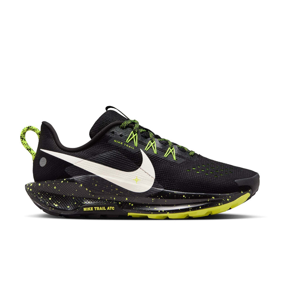 Lateral view of the right shoe from a pair of Nike Women's Pegasus Trail 5 Running Shoes in the Black/Phantom-Volt Ice colourway.