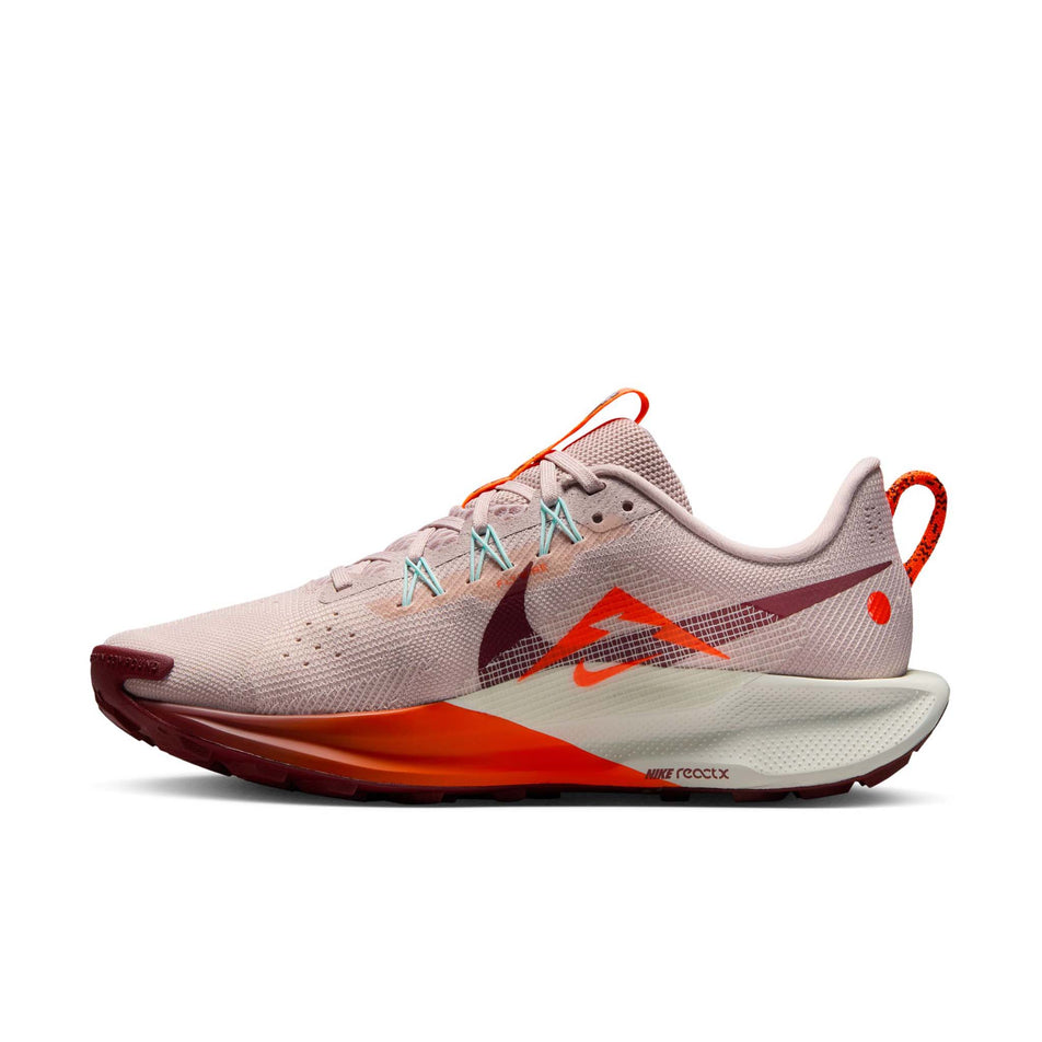 Medial view of the right shoe from a pair of Nike Women's Pegasus Trail 5 Running Shoes in the Silt Red/Dark Team Red-Hyper Crimson colourway. (8686796079266)