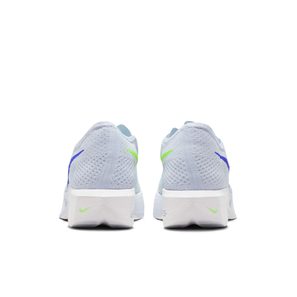 The back of a pair of Nike Men's Vaporfly 3 Road Racing Shoes in the Football Grey/Racer Blue-Green Strike colourway (8135047577762)