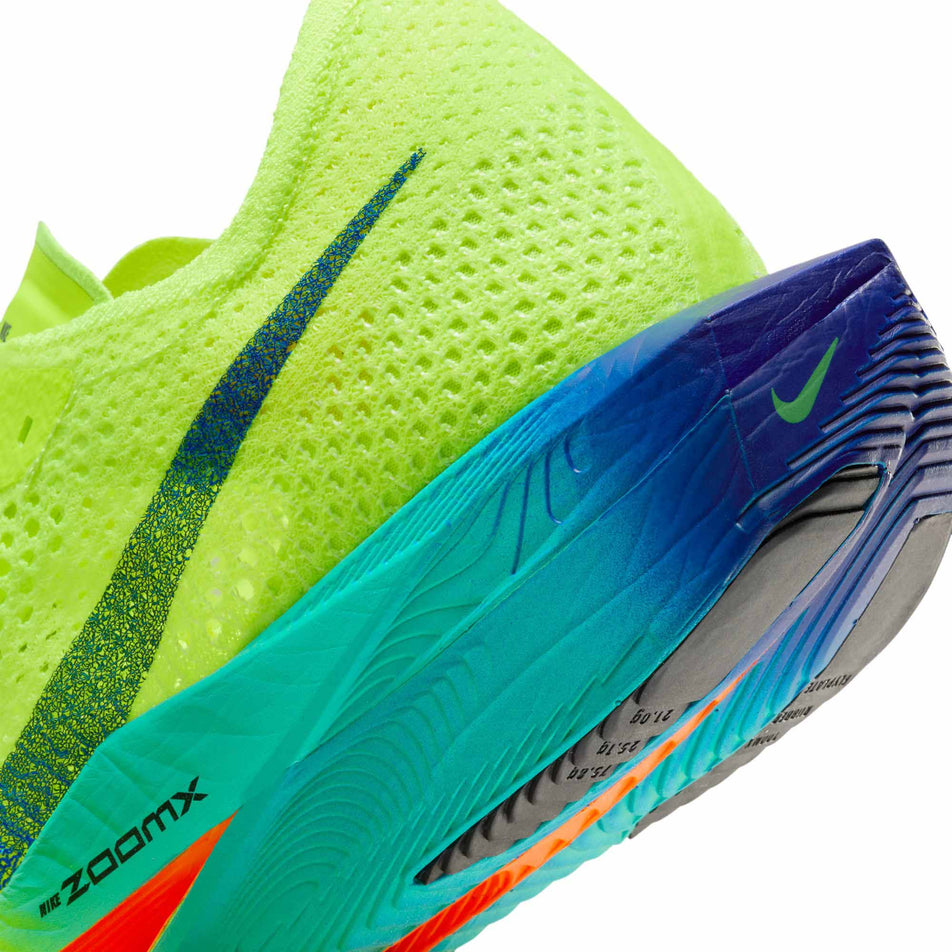 Close-up of the back of the left shoe from a pair of Nike Men's Vaporfly 3 Road Racing Shoes in the Volt/Black-Scream Green-Barely Volt colourway (8185960988834)