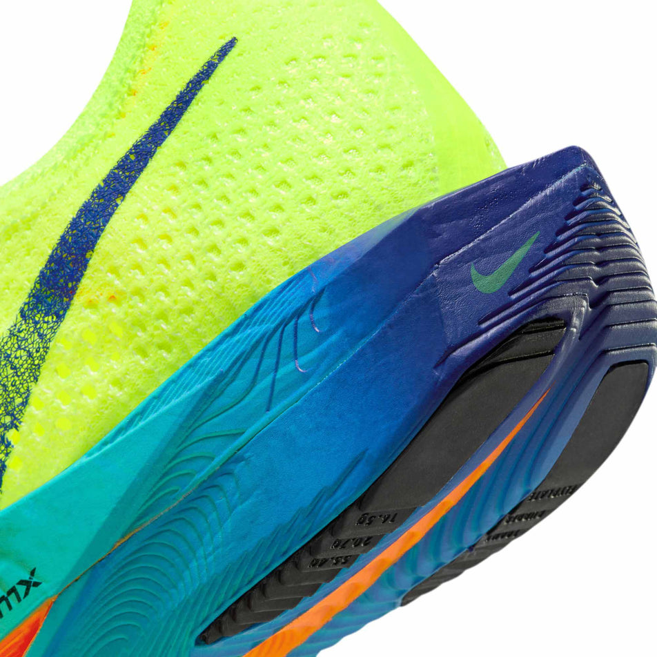 Lateral side of the back of the left shoe from a pair of Nike Women's Vaporfly 3 Road Racing Shoes in the Volt/Black-Scream Green-Barely Volt colourway (8185985925282)