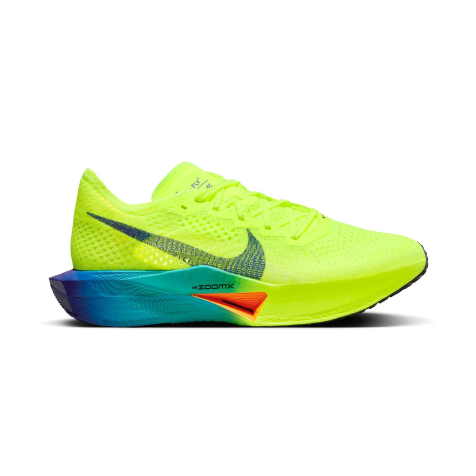Lateral side of the right shoe from a pair of Nike Women's Vaporfly 3 Road Racing Shoes in the Volt/Black-Scream Green-Barely Volt colourway (8185985925282)