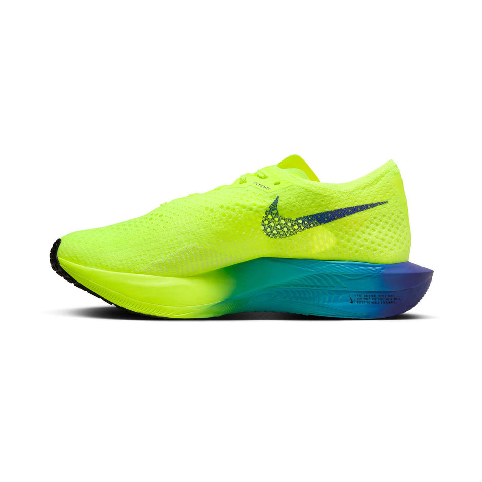 Medial side of the right shoe from a pair of Nike Women's Vaporfly 3 Road Racing Shoes in the Volt/Black-Scream Green-Barely Volt colourway (8185985925282)