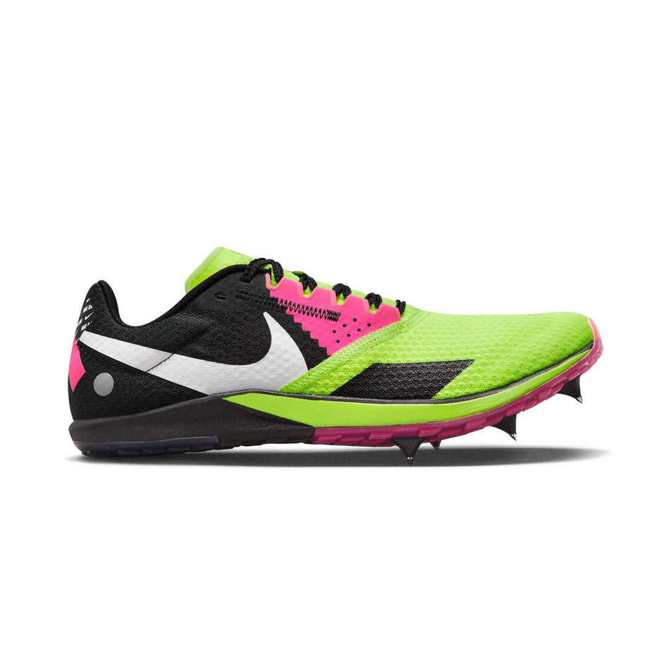 Lateral side of the right shoe from a pair of Nike Unisex Rival XC 6 Cross-Country Spikes in the Volt/White-Black-Hyper Pink colourway (8064173211810)