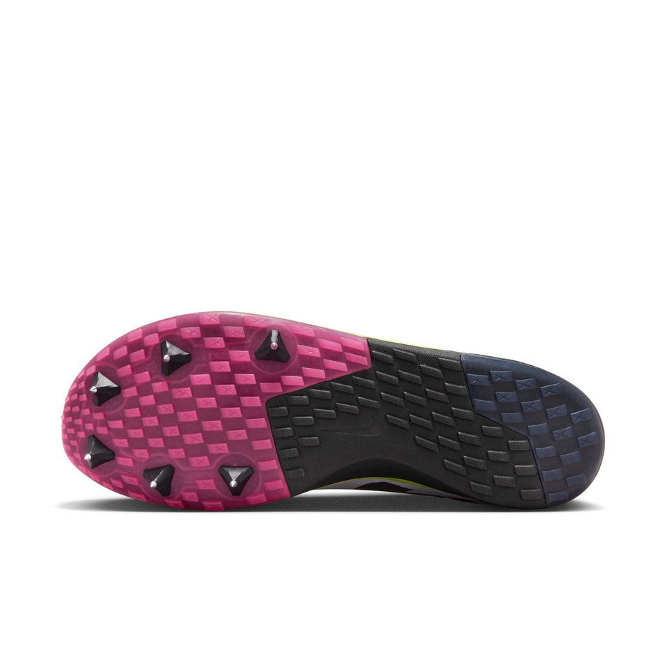 Outsole of the left shoe from a pair of Nike Unisex Rival XC 6 Cross-Country Spikes in the Volt/White-Black-Hyper Pink colourway (8064173211810)