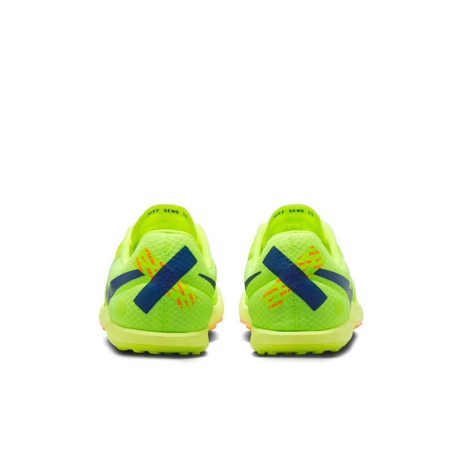 The back of a pair of Nike Unisex Rival XC 6 Cross-Country Spikes in the Volt/Concord-Total Orange-Total Orange colourway. (8503786078370)
