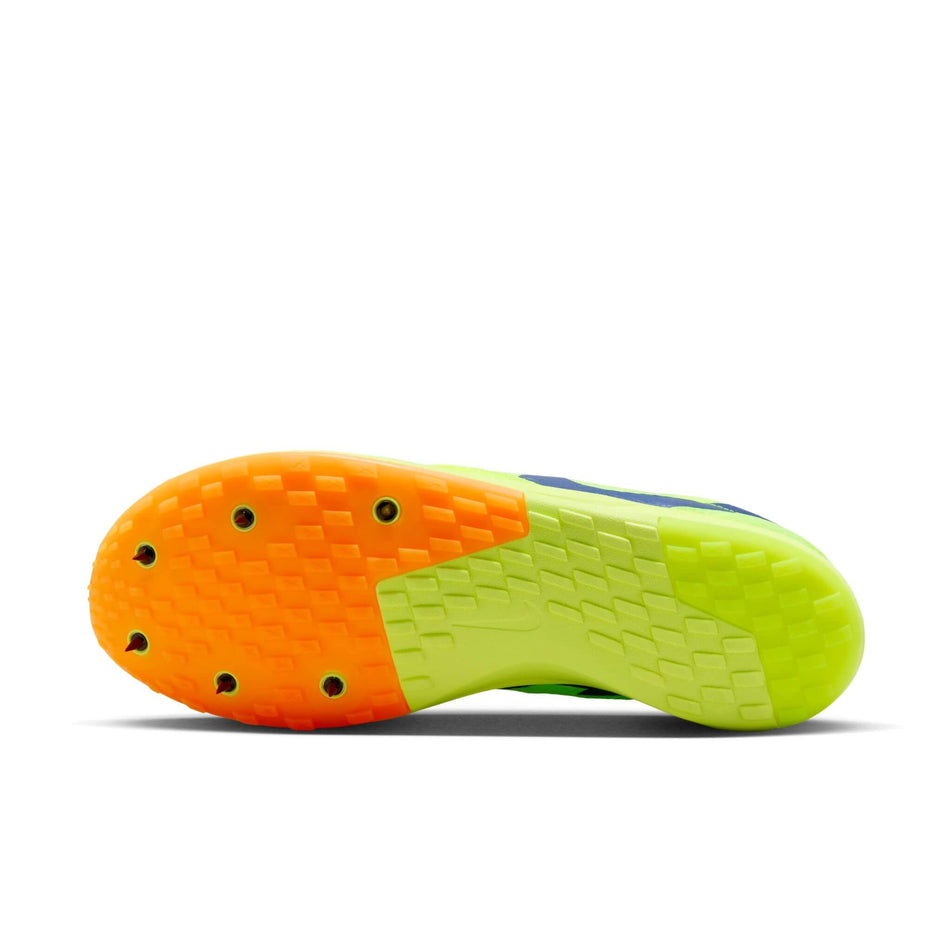 Outsole of the right shoe from a pair of Nike Unisex Rival XC 6 Cross-Country Spikes in the Volt/Concord-Total Orange-Total Orange colourway. (8503786078370)