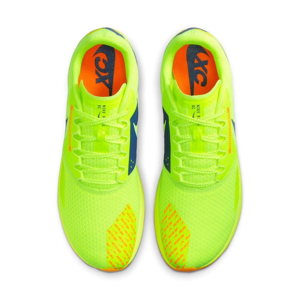 The uppers on a pair of Nike Unisex Rival XC 6 Cross-Country Spikes in the Volt/Concord-Total Orange-Total Orange colourway. (8503786078370)