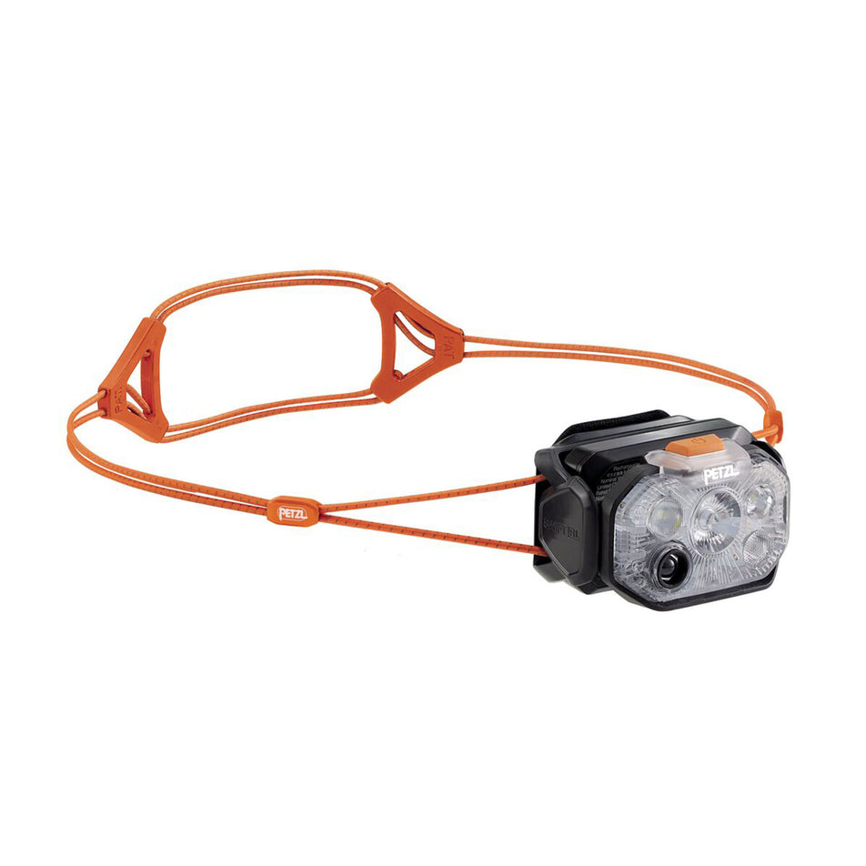 The Petzl SWIFT® RL Head Torch in the Black/Orange colourway without the padding.