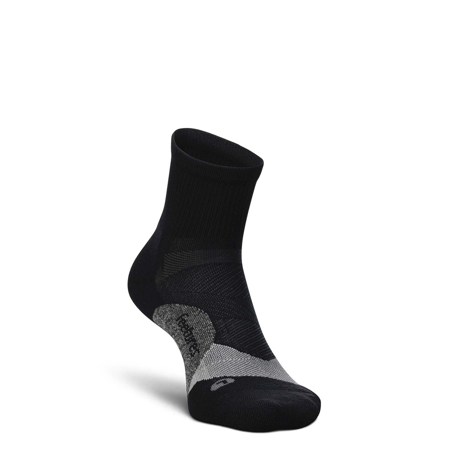 Medial view of the left sock from a pair of Feetures Unisex Elite Light Cushion Quarter in the Black colourway.