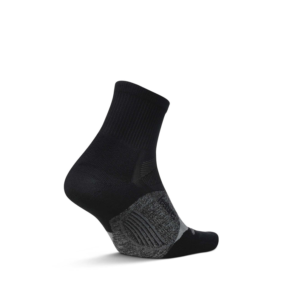 Lateral view of the left sock from a pair of Feetures Unisex Elite Light Cushion Quarter in the Black colourway.