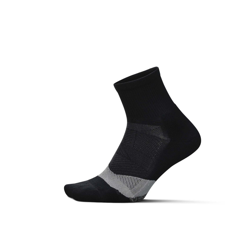 Lateral view of the left sock from a pair of Feetures Unisex Elite Light Cushion Quarter in the Black colourway.