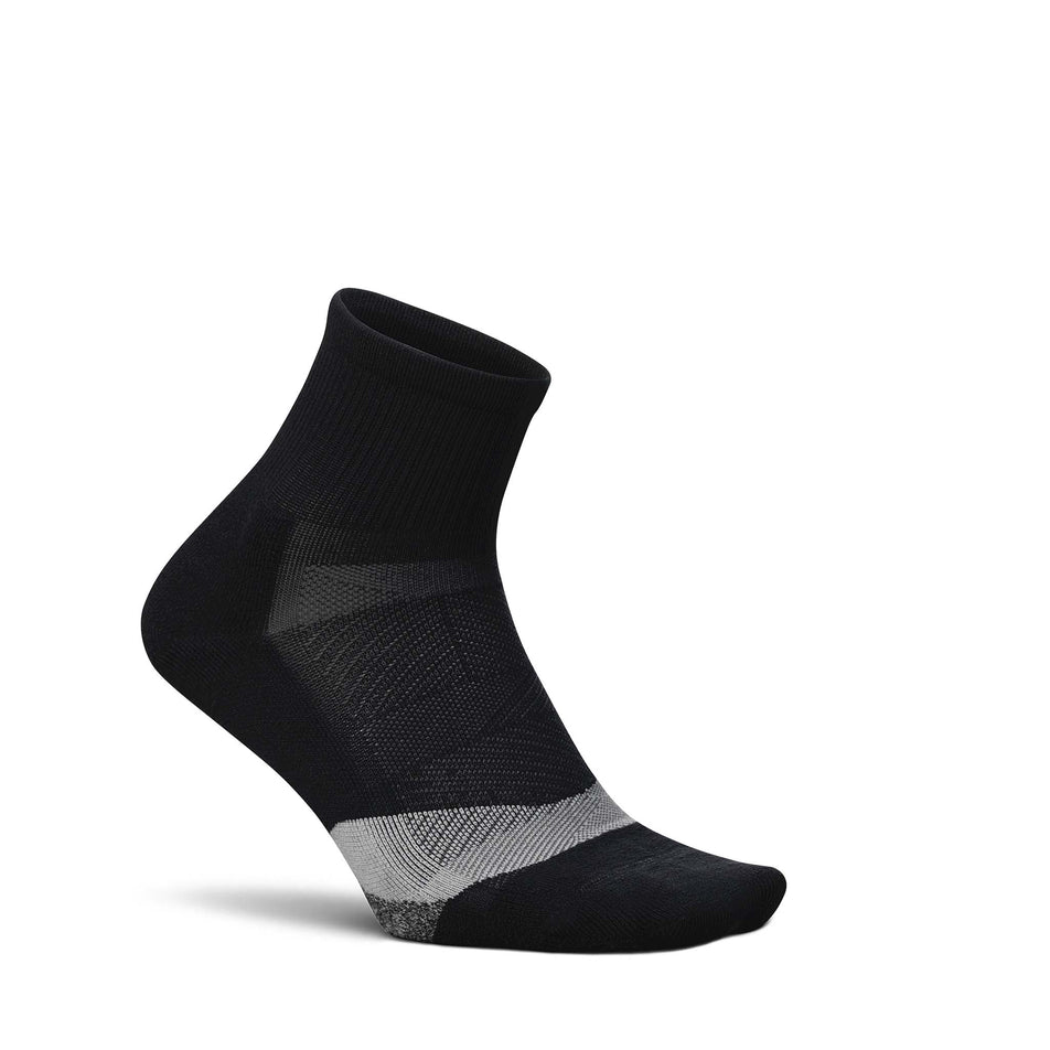 Lateral view of the right sock from a pair of Feetures Unisex Elite Light Cushion Quarter in the Black colourway.
