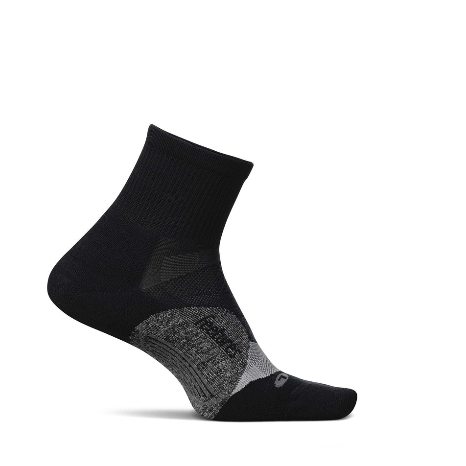 Medial view of the left sock from a pair of Feetures Unisex Elite Light Cushion Quarter in the Black colourway.