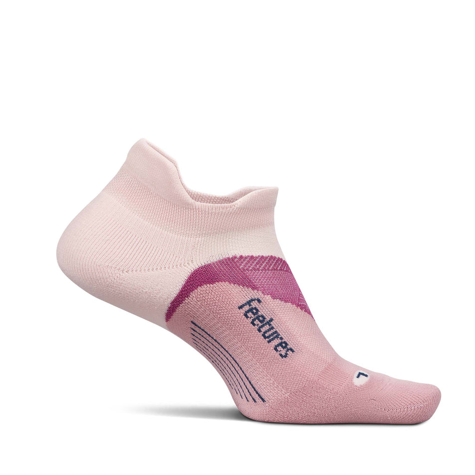 Medial view of the left sock from a pair of Feetures Unisex Elite Light Cushion No Show Tab in the Pink Salt colourway.