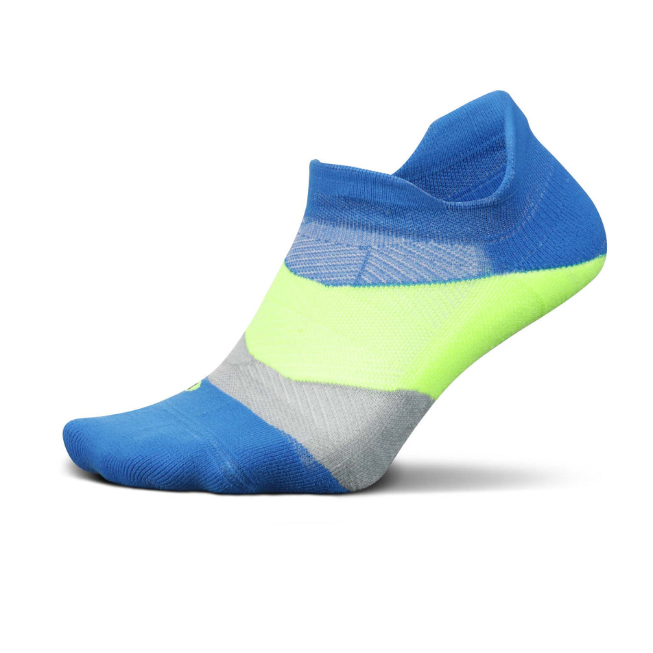Lateral side of the left sock from a pair of Feetures Elite Light Cushion No Show Tab Running Socks in the Boulder Blue colourway (8025140166818)