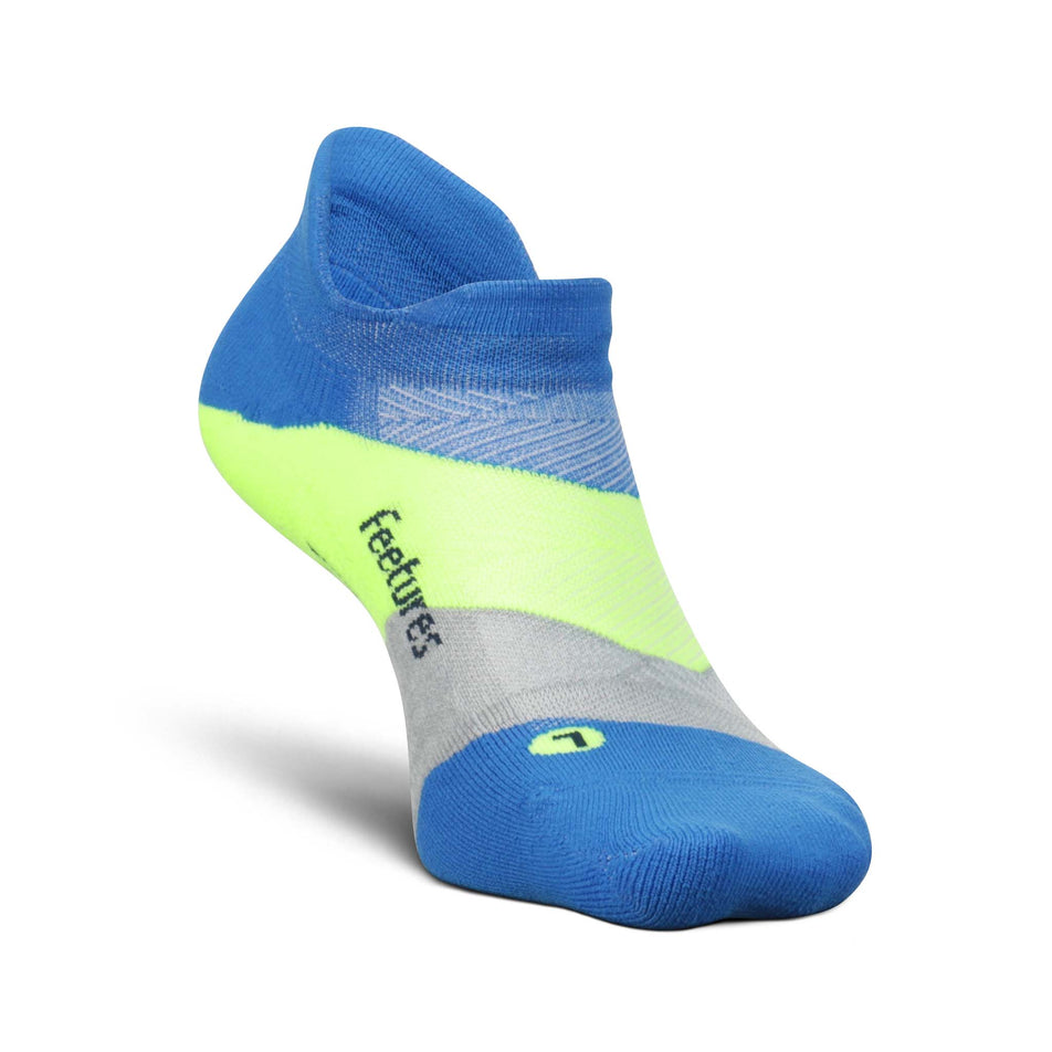 A left sock from a pair of Feetures Elite Light Cushion No Show Tab Running Socks in the Boulder Blue colourway (8025140166818)