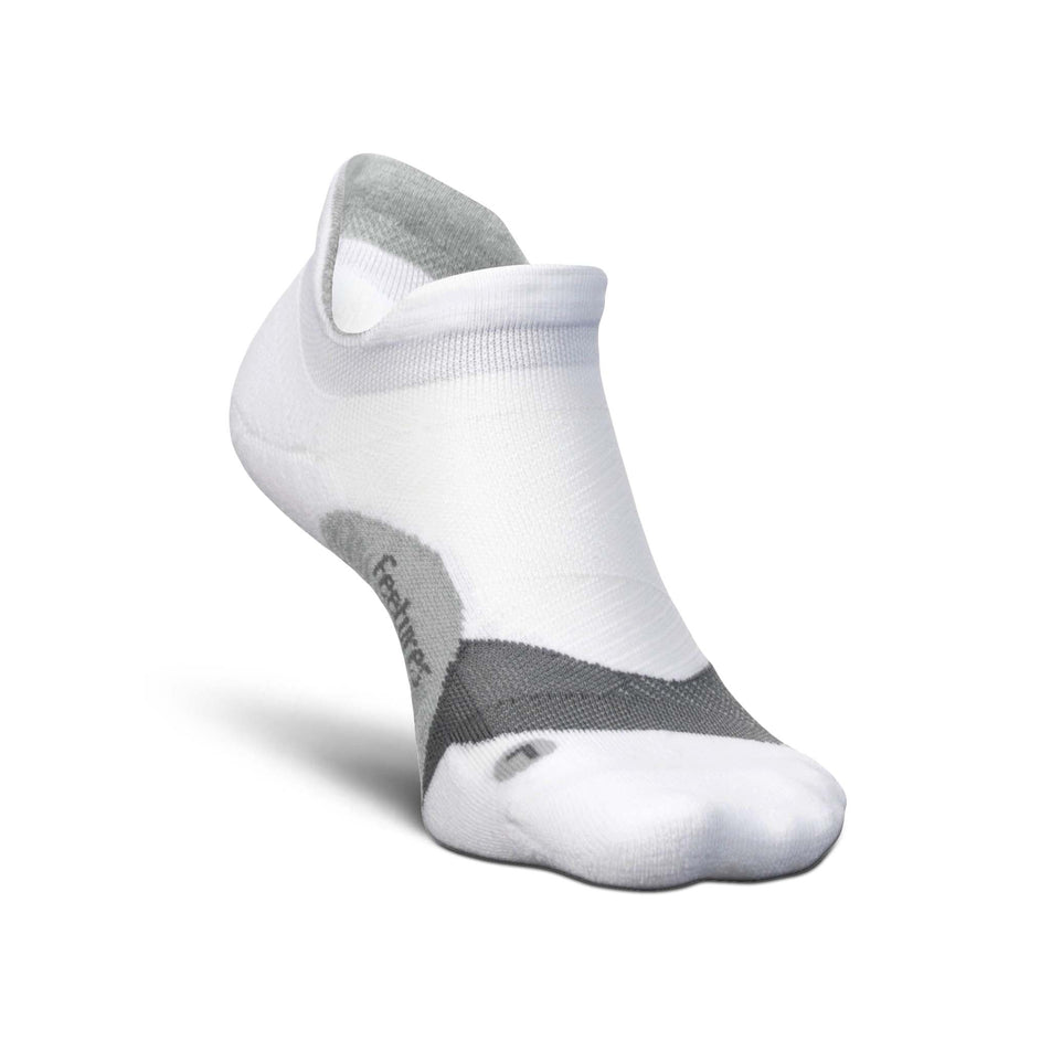 Medial-front side of the left sock from a pair of Feetures Unisex Elite Light Cushion No Show Tab running socks in the White colourway (8149350514850)