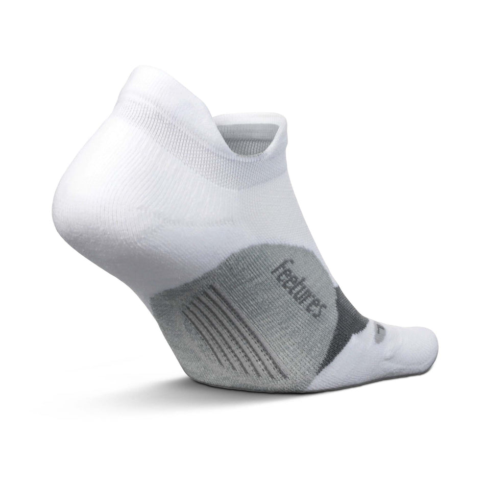 Medial side of the left sock from a pair of Feetures Unisex Elite Light Cushion No Show Tab running socks in the White colourway (8149350514850)