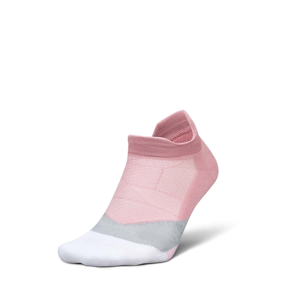 Lateral view of the left sock from a pair of Feetures Unisex Elite Light Cushion No Show Tab in the Pink Orchard colourway. (8739771318434)