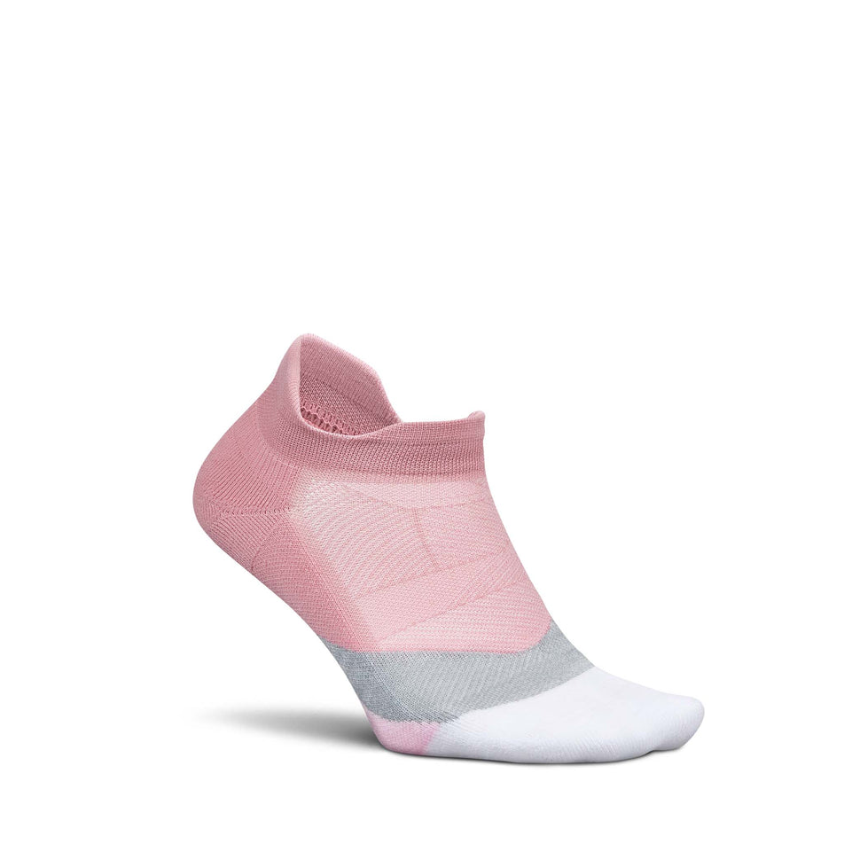 Lateral view of the right sock from a pair of Feetures Unisex Elite Light Cushion No Show Tab in the Pink Orchard colourway. (8739771318434)