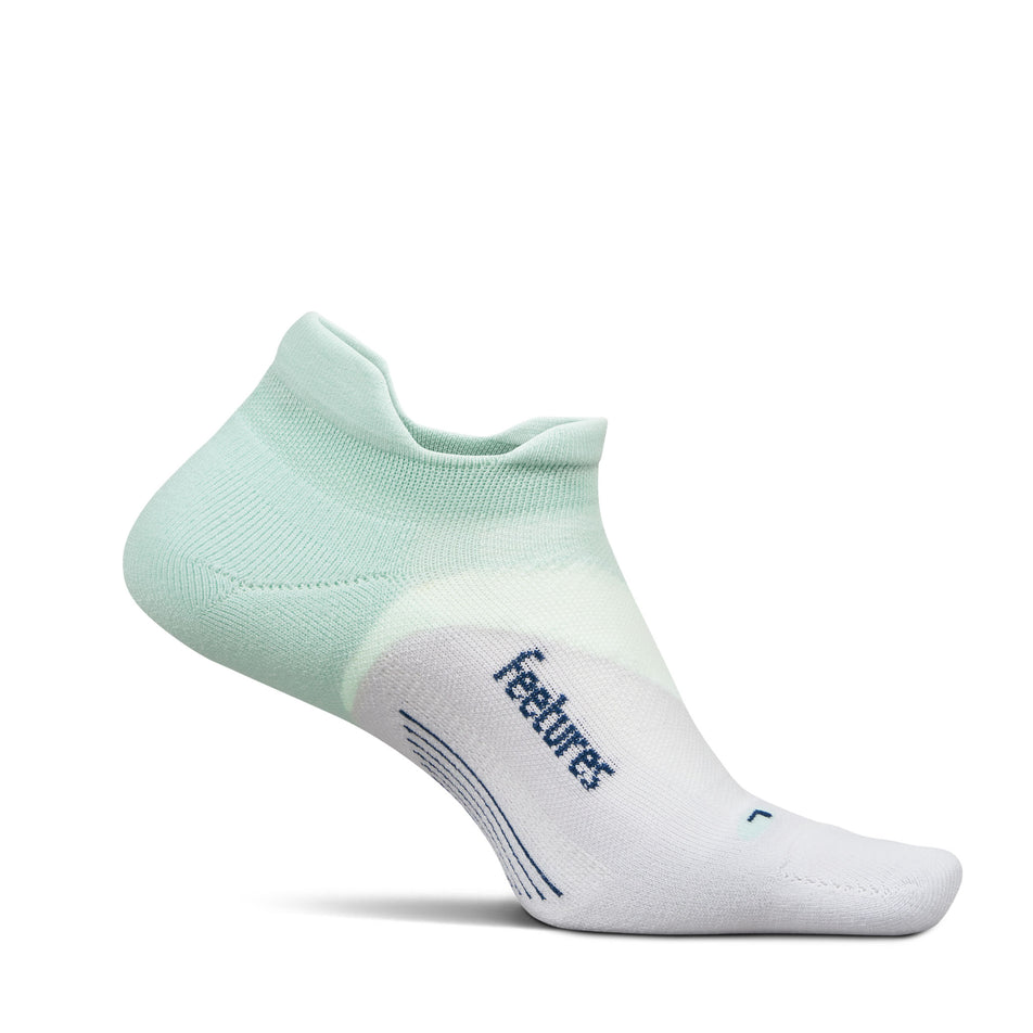 Medial view of the left sock from a pair of Feetures Unisex Elite Light Cushion No Show Tab in the Supine Sage colourway.