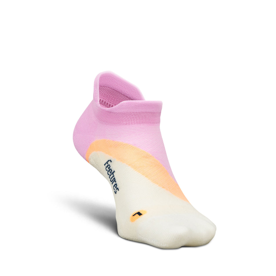 The left sock from a pair of Feetures Unisex Elite Light Cushion No Show Tab in the Pink Citrus colourway.