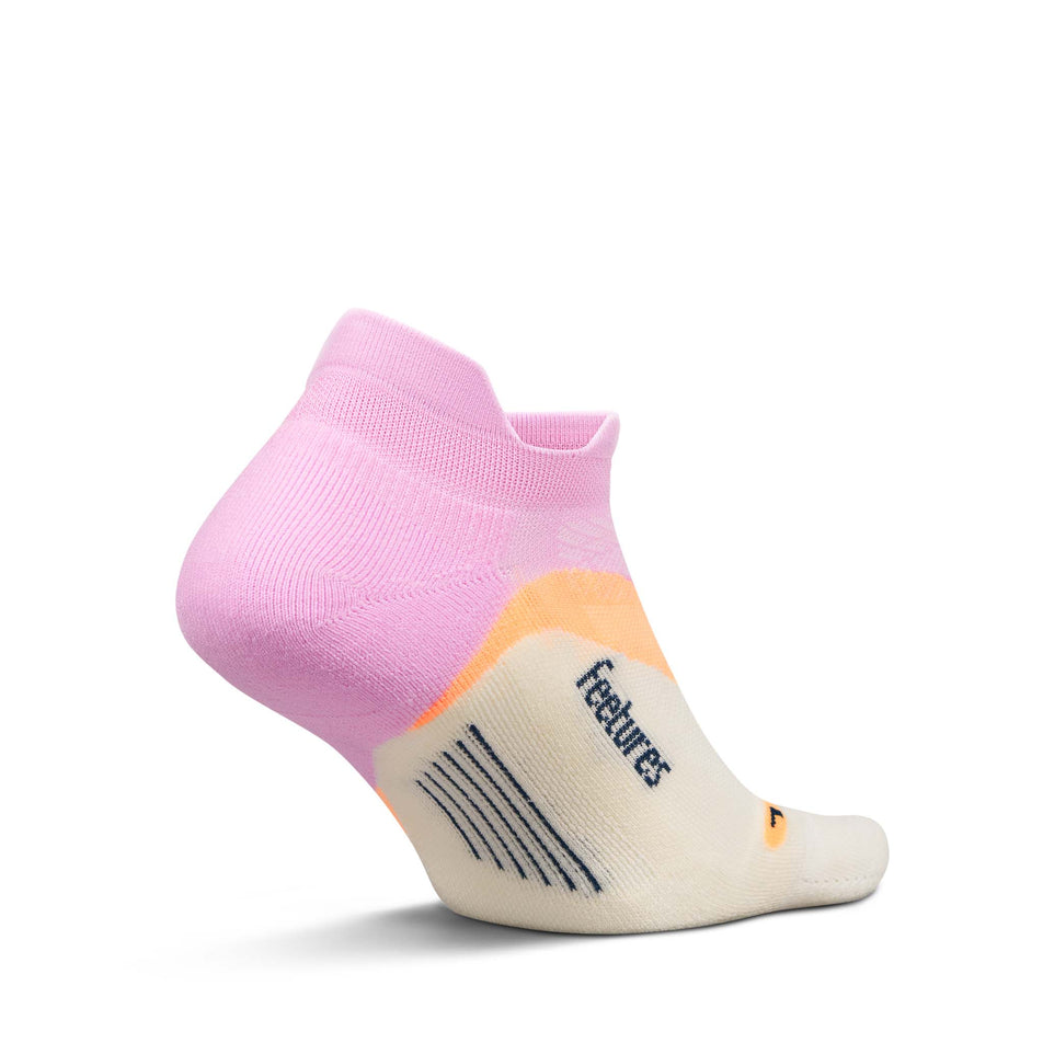 Medial view of the left sock from a pair of Feetures Unisex Elite Light Cushion No Show Tab in the Pink Citrus colourway.