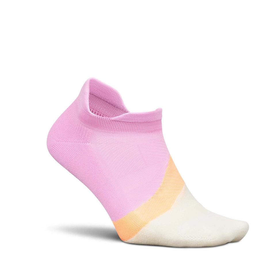 Lateral view of the right sock from a pair of Feetures Unisex Elite Light Cushion No Show Tab in the Pink Citrus colourway.