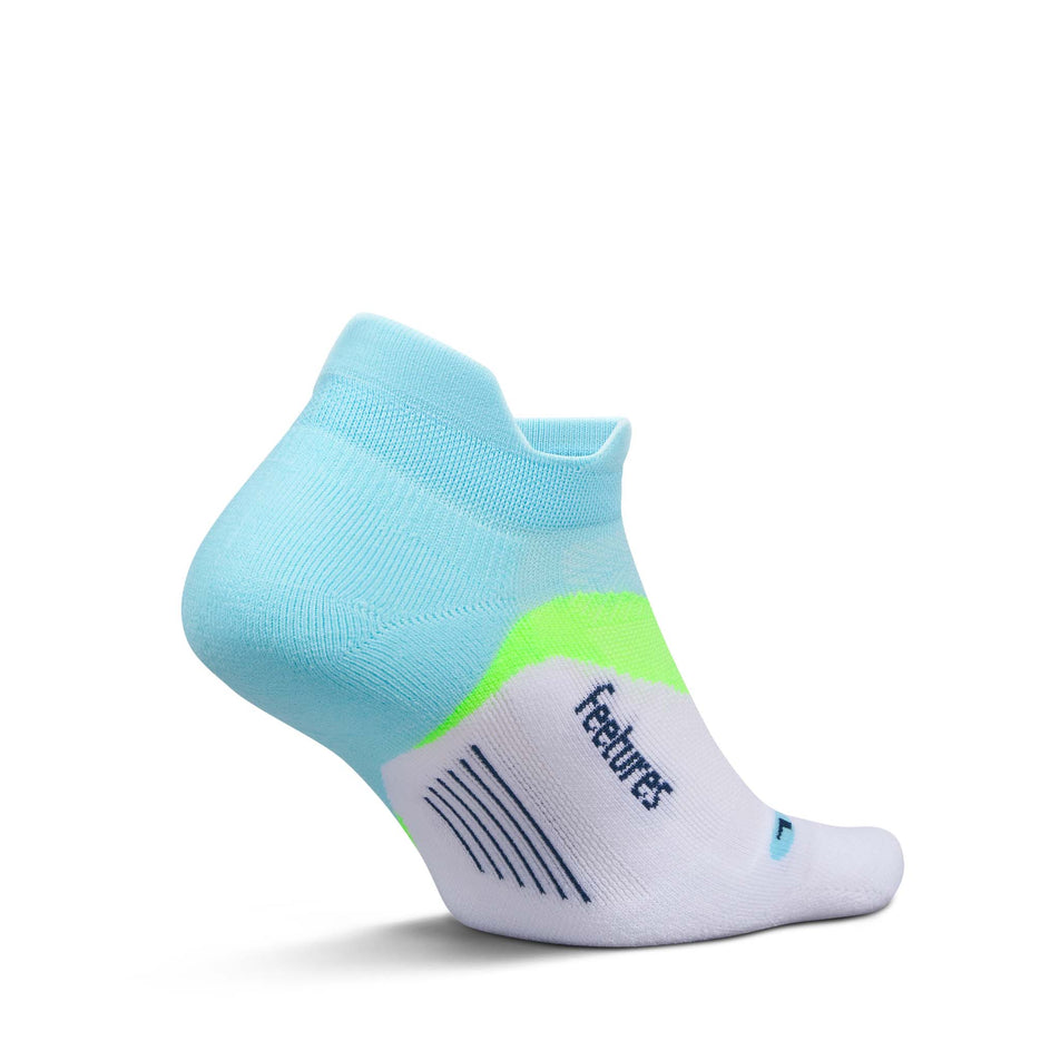 Medial view of the left sock from a pair of Feetures Unisex Elite Light Cushion No Show Tab in the Cool Plunge colourway.