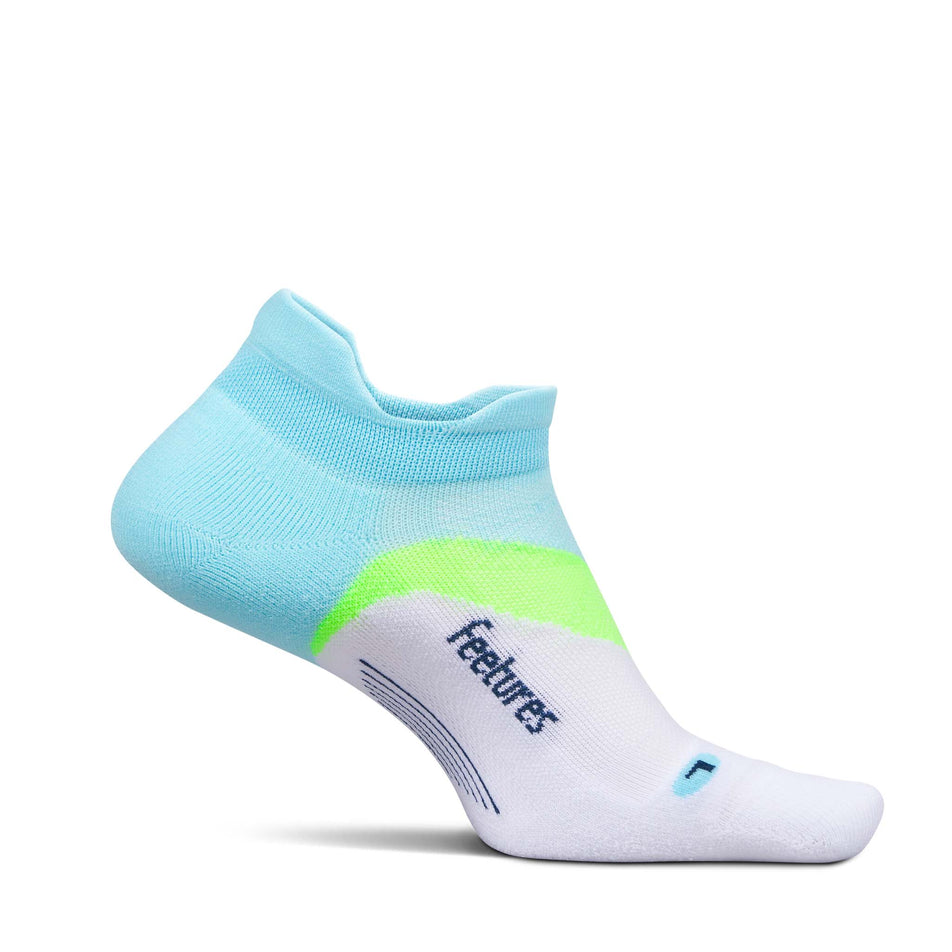 Medial view of the left sock from a pair of Feetures Unisex Elite Light Cushion No Show Tab in the Cool Plunge colourway.