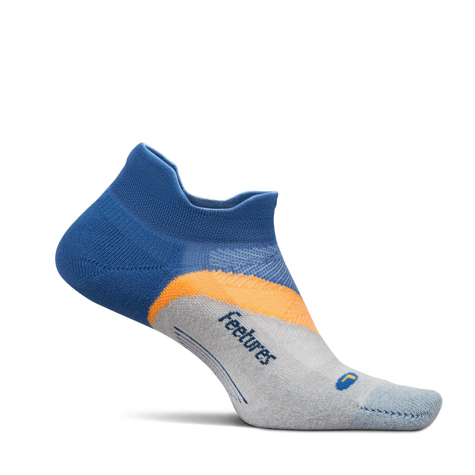 Medial view of the left sock from a pair of Feetures Unisex Elite Light Cushion No Show Tab in the Rally Blue colourway.