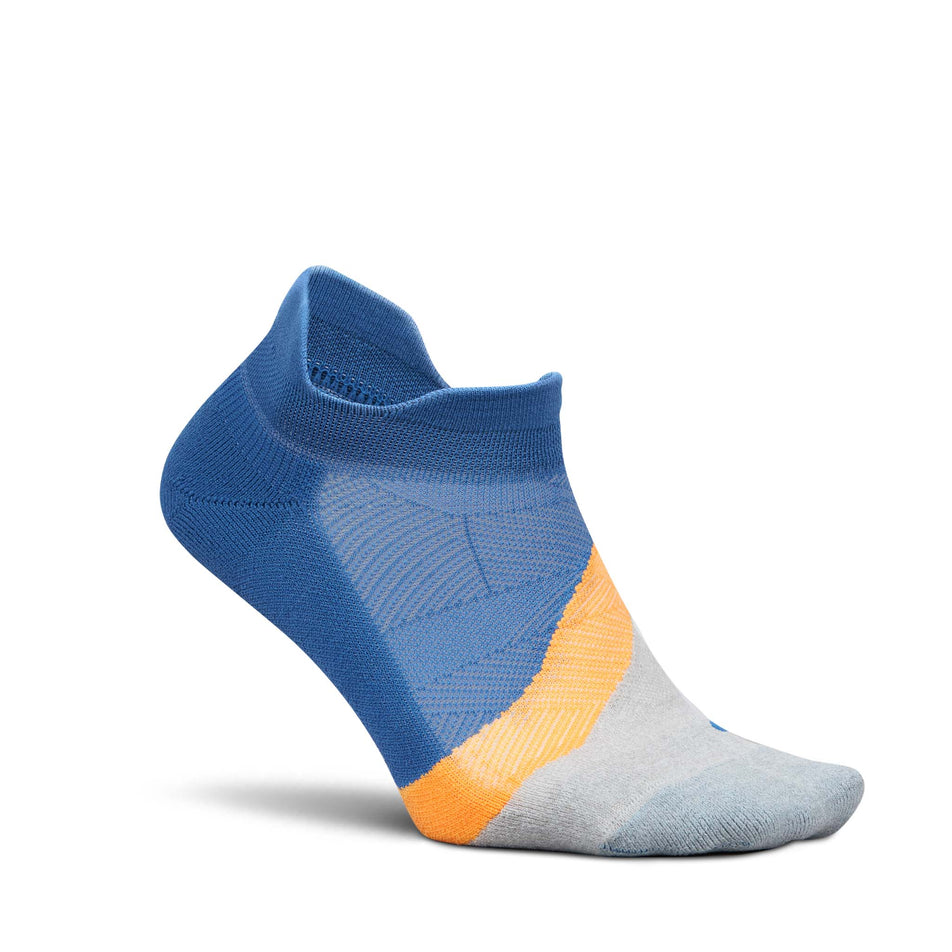 Lateral view of the right sock from a pair of Feetures Unisex Elite Light Cushion No Show Tab in the Rally Blue colourway.